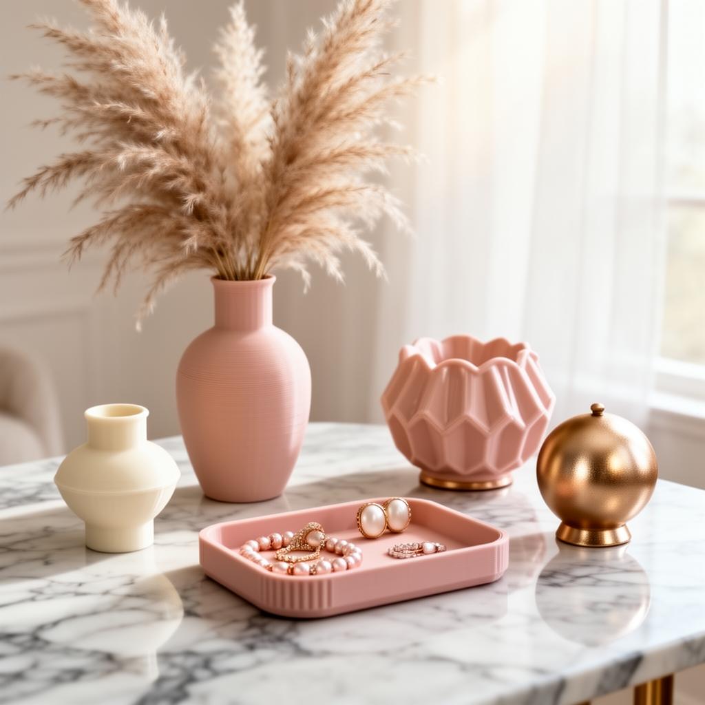 Colecção boutique de peças 3D em tons rosa champagne sobre mármore