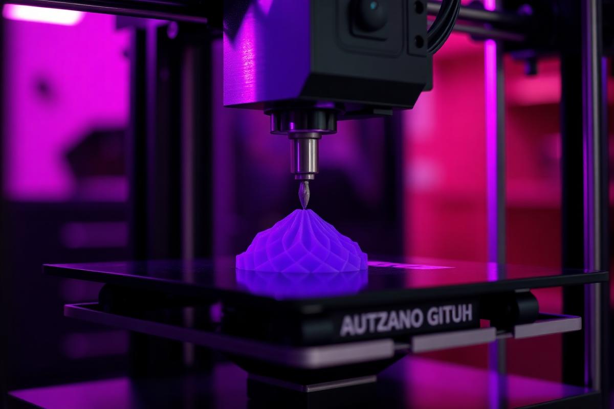 Impressora 3D em ação criando uma peça roxa camada por camada